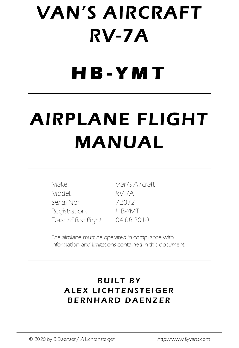 VAN'S AIRCRAFT RV7A FLIGHT MANUAL Pdf Download ManualsLib