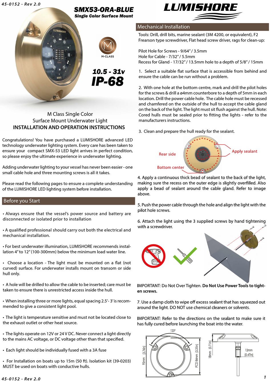 LUMISHORE SMX53 SERIES INSTALLATION AND OPERATION INSTRUCTIONS FOR Pdf
