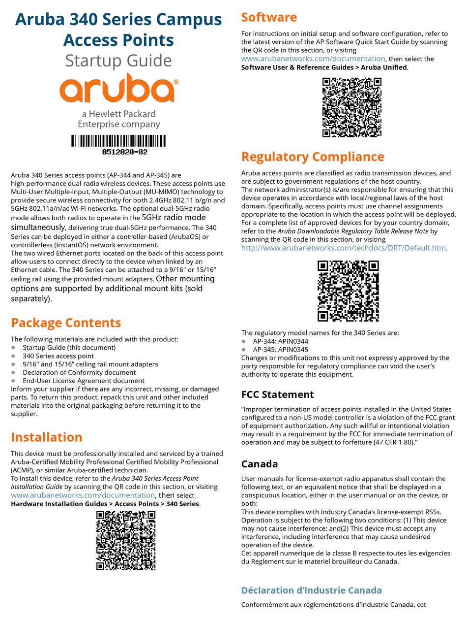 HEWLETT PACKARD ENTERPRISE ARUBA 340 SERIES STARTUP MANUAL Pdf Download