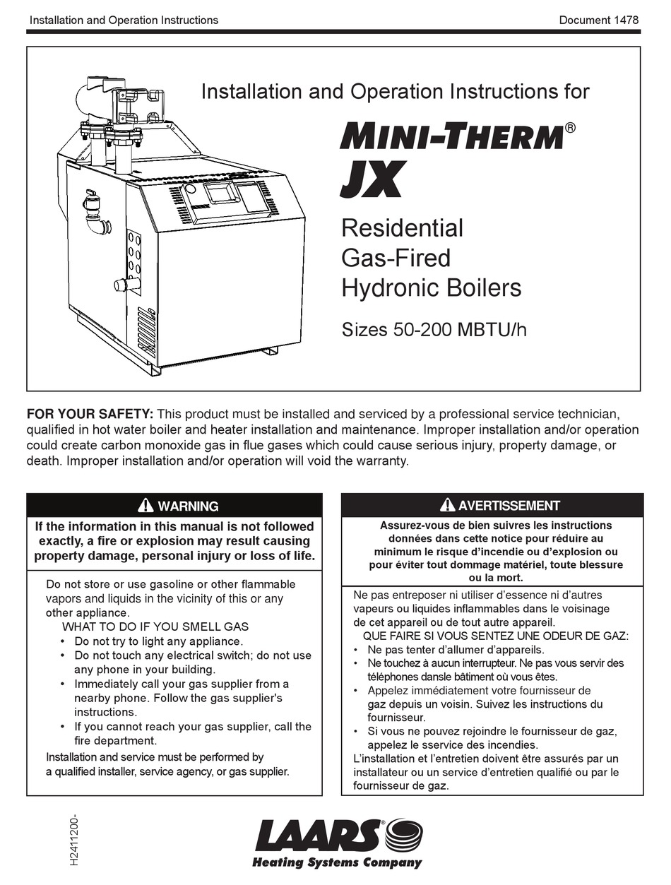 LAARS MINITHERM JX SERIES INSTALLATION AND OPERATION INSTRUCTIONS