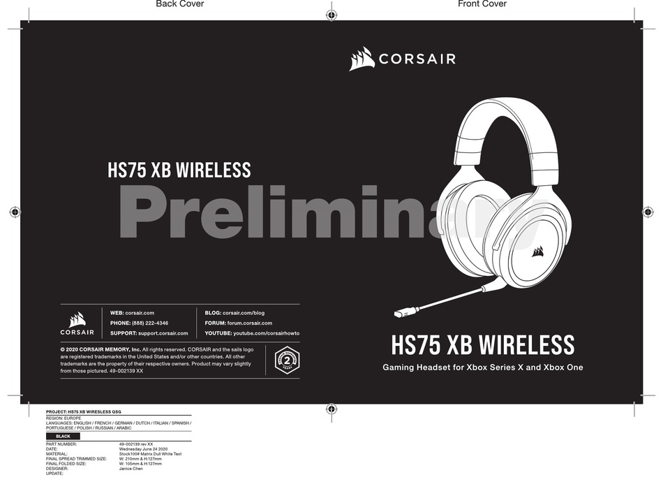 CORSAIR HS75 XB WIRELESS QUICK START MANUAL Pdf Download | ManualsLib