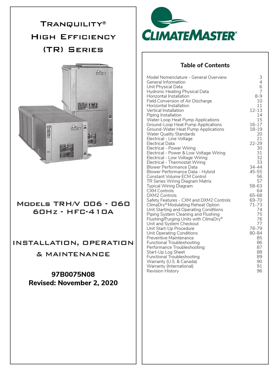 CLIMATEMASTER TRANQUILITY TR SERIES INSTALLATION, OPERATION ...