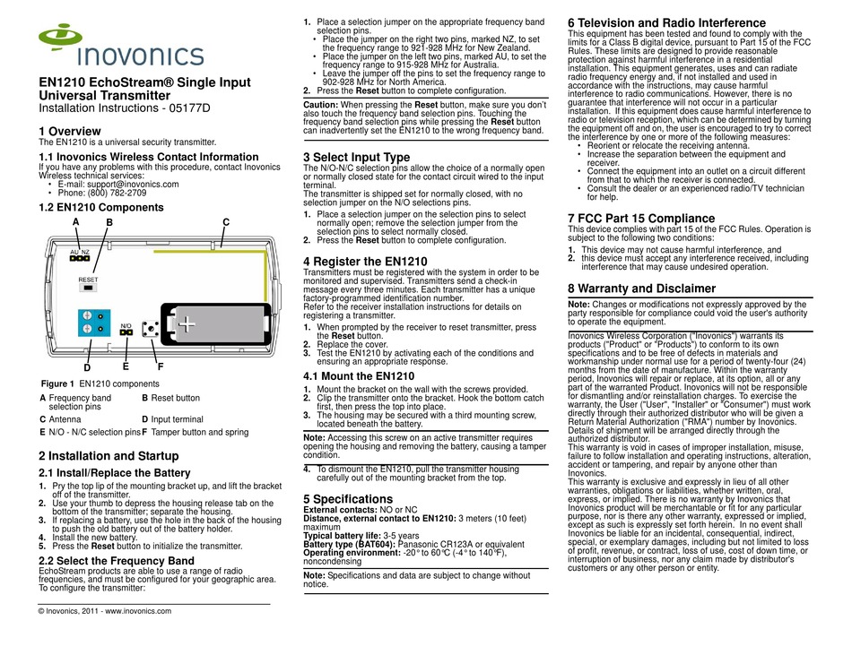 INOVONICS ECHOSTREAM EN1210 INSTALLATION INSTRUCTIONS Pdf Download ...