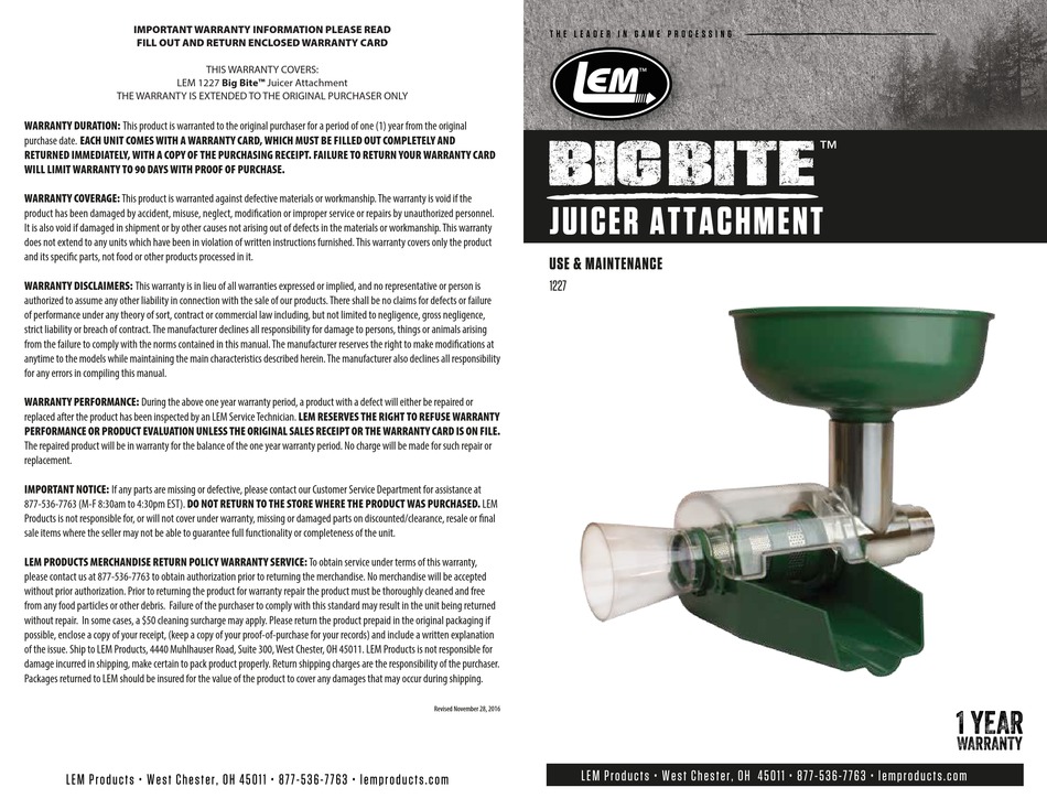 LEM BIG BITE 1227 USE & MAINTENANCE Pdf Download ManualsLib