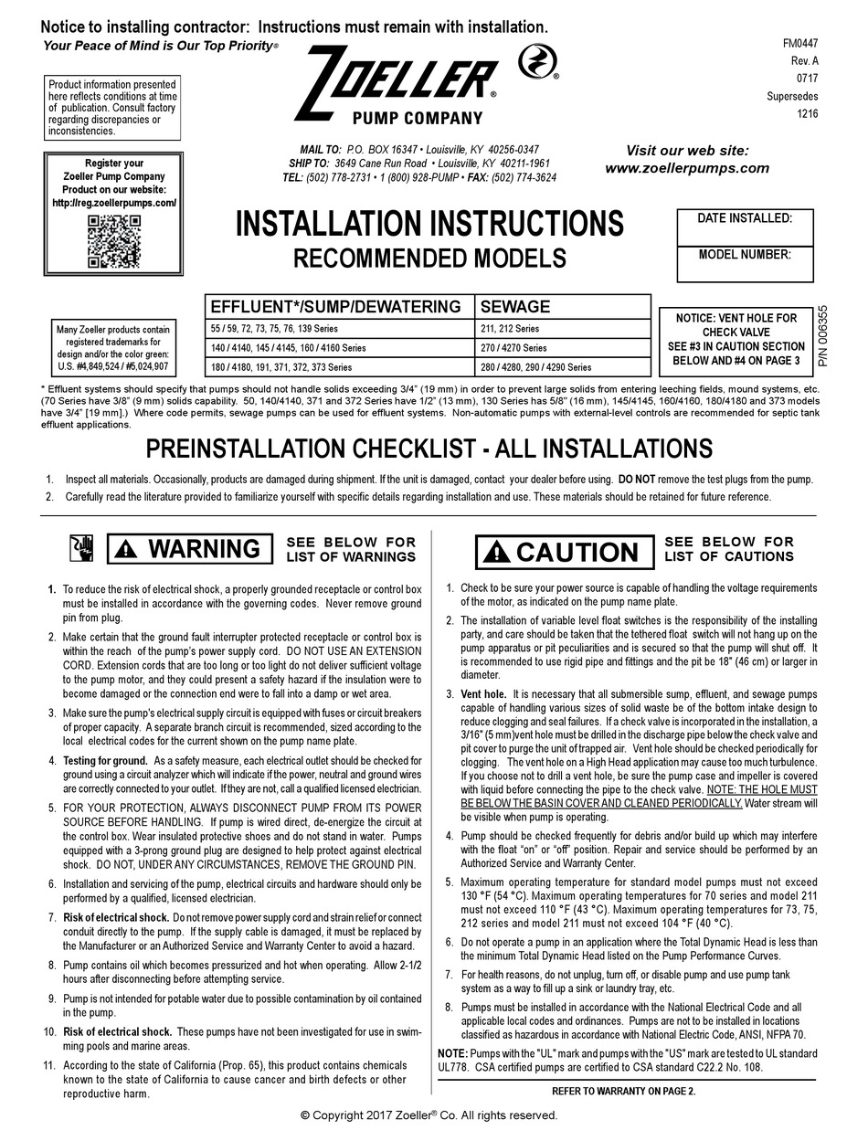 ZOELLER 55 SERIES INSTALLATION INSTRUCTIONS MANUAL Pdf Download