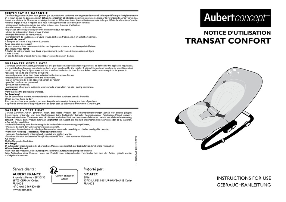 Aubert Concept Transat Confort Instructions For Use Pdf Download Manualslib