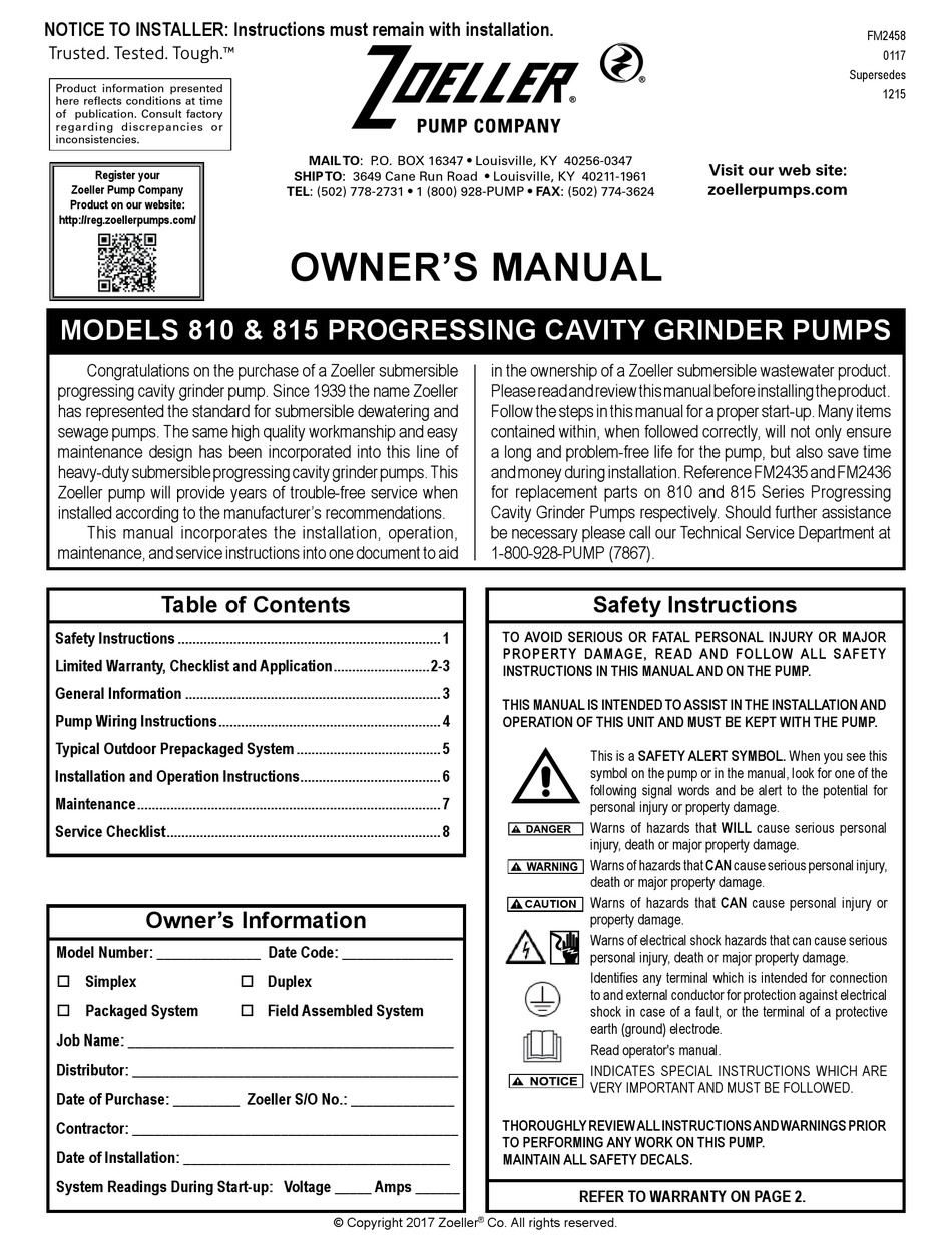 ZOELLER 810 SERIES OWNER'S MANUAL Pdf Download | ManualsLib