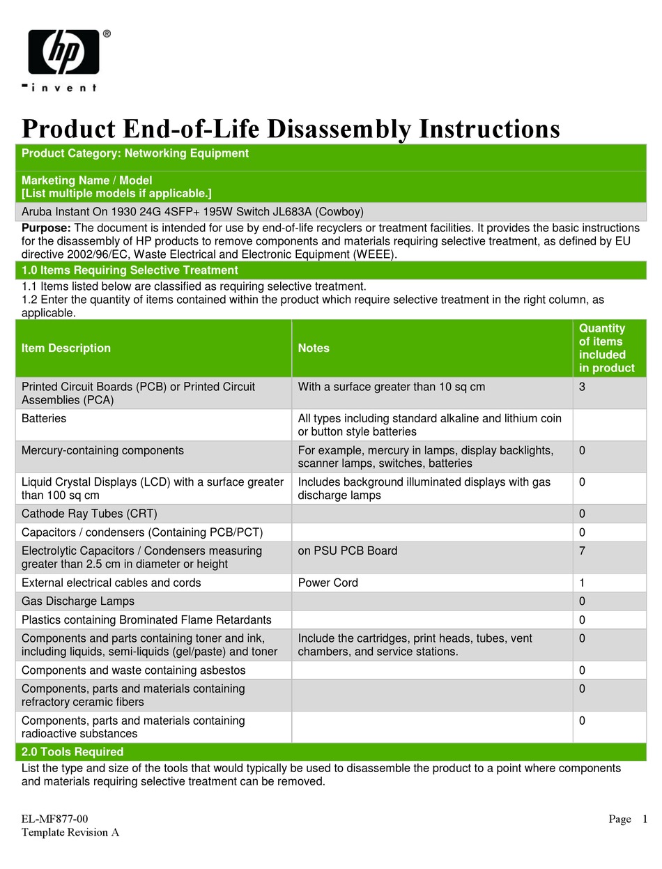 HP ARUBA INSTANT ON 1930 PRODUCT END OF LIFE DISASSEMBLY INSTRUCTIONS 
