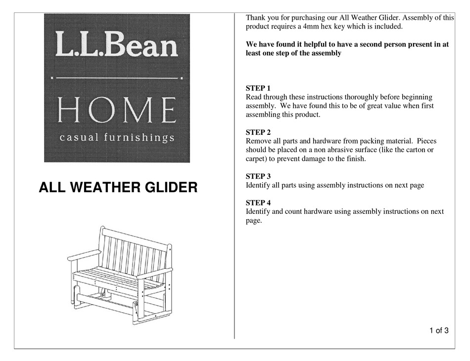 LL BEAN ALL WEATHER GLIDER ASSEMBLY INSTRUCTIONS Pdf Download ManualsLib