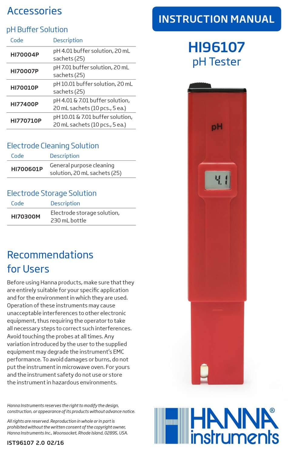 HANNA INSTRUMENTS HI96107 INSTRUCTION MANUAL Pdf Download ManualsLib