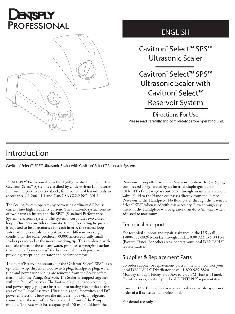 DENTSPLY CAVITRON SELECT SPS DIRECTIONS FOR USE MANUAL Pdf Download