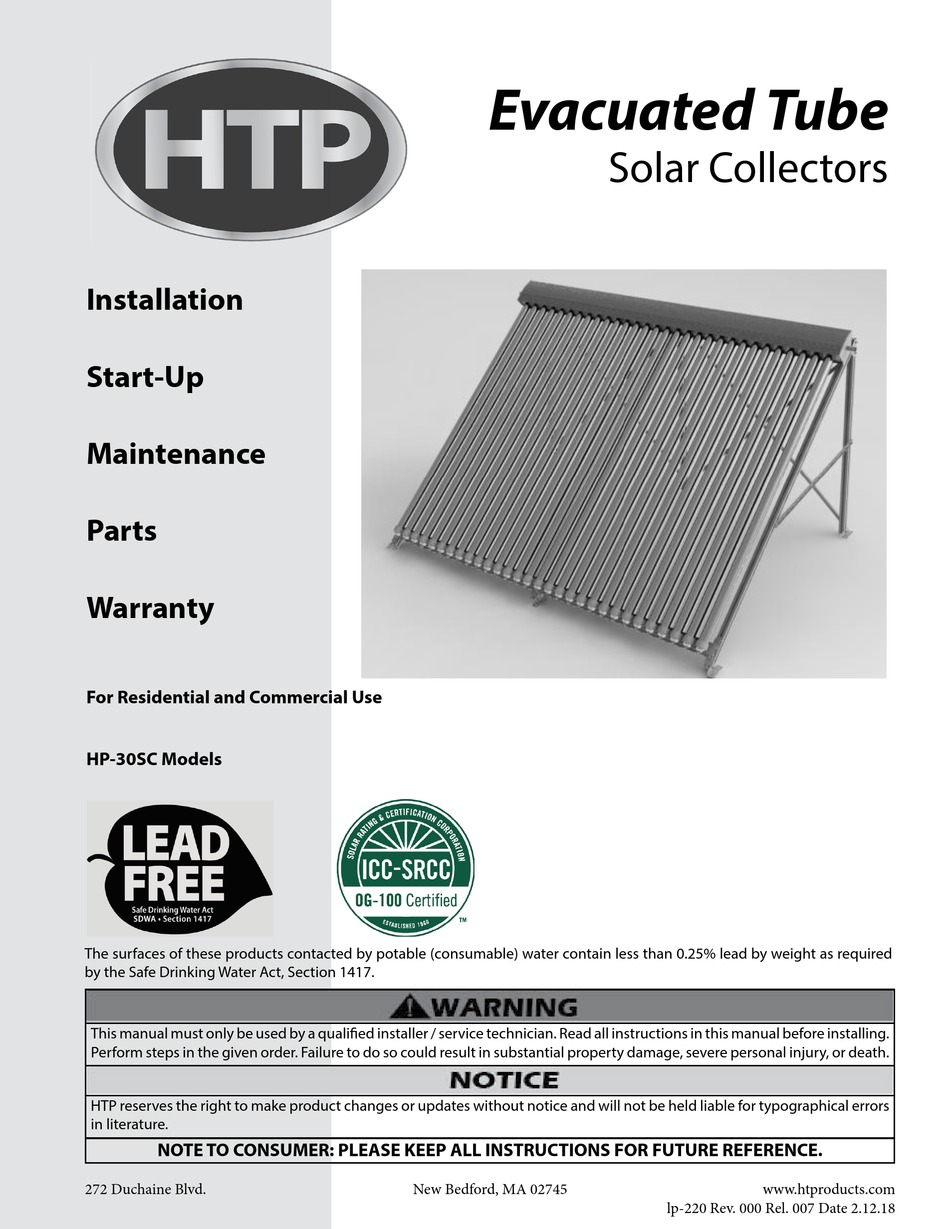 HTP HP30SC INSTALLATION, STARTUP, MAINTENANCE, PARTS, WARRANTY Pdf