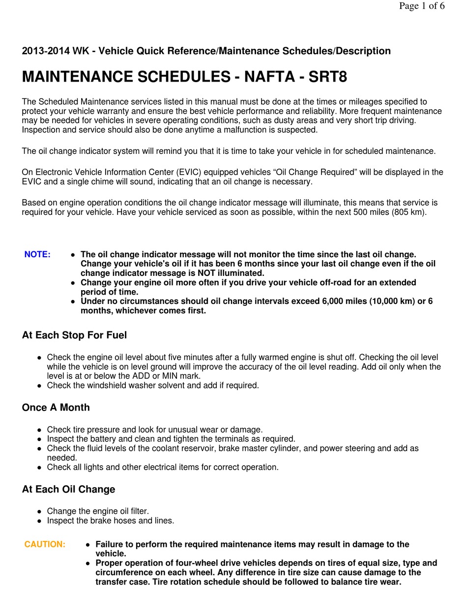 JEEP GRAND CHEROKEE WK SRT8 2013 MAINTENANCE SCHEDULES Pdf Download