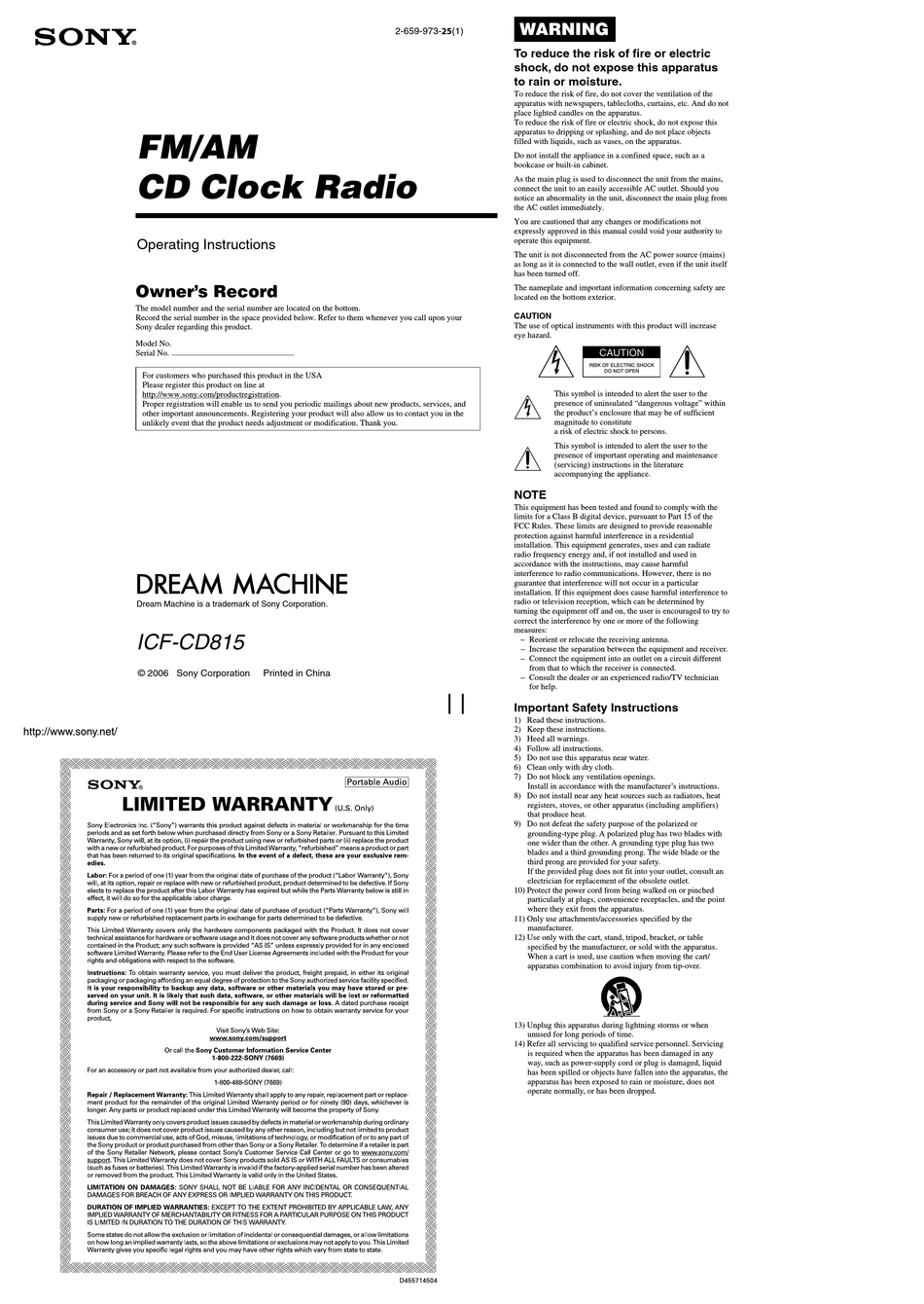 SONY DREAM MACHINE ICFCD815 OPERATING INSTRUCTIONS Pdf Download