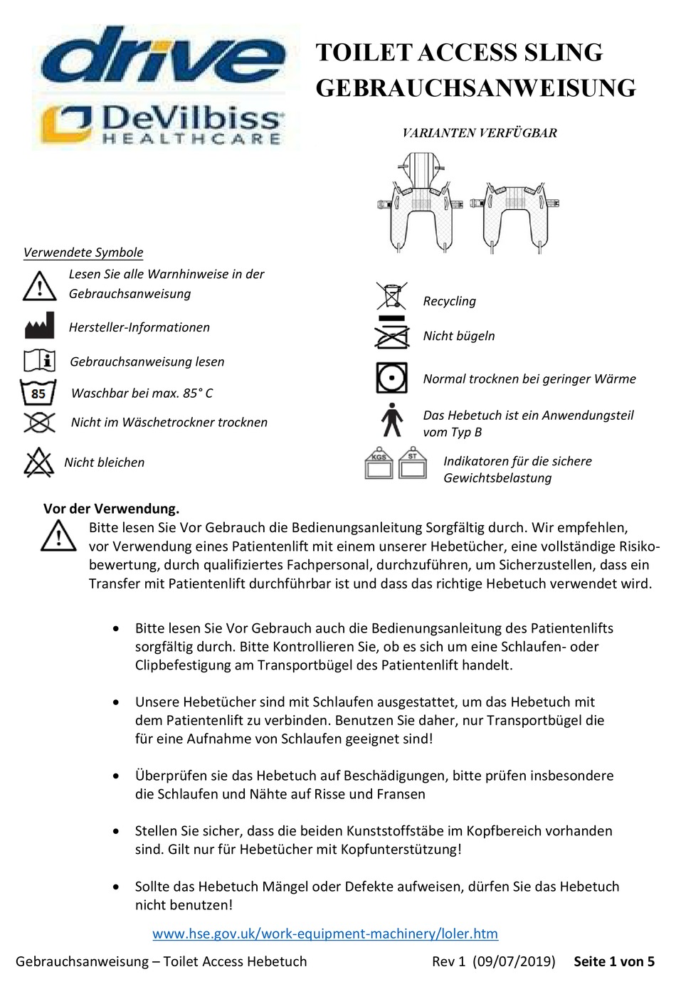 DRIVE DEVILBISS HEALTHCARE TOILET ACCESS SLING INSTRUCTIONS FOR USE