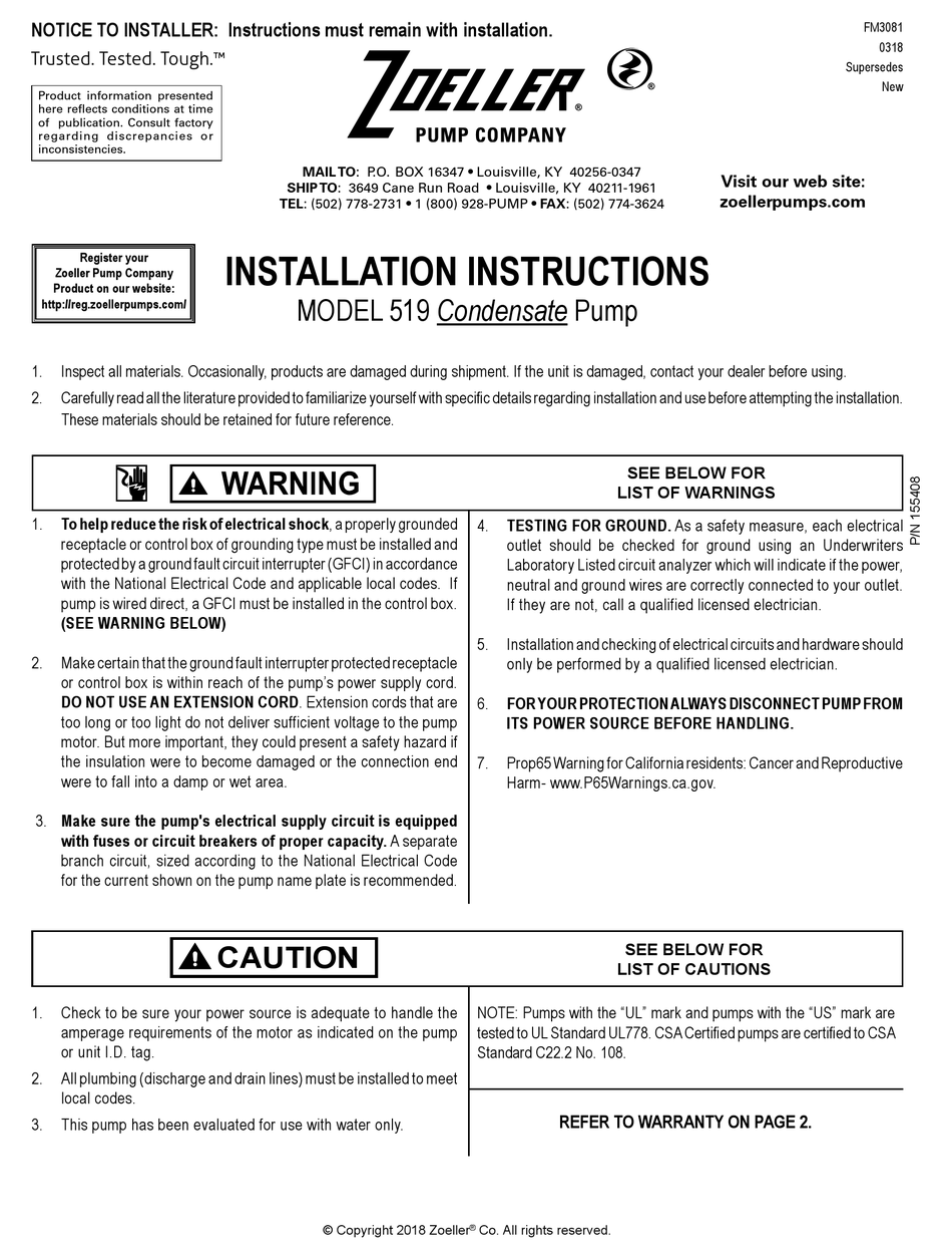 ZOELLER 519 INSTALLATION INSTRUCTIONS MANUAL Pdf Download | ManualsLib