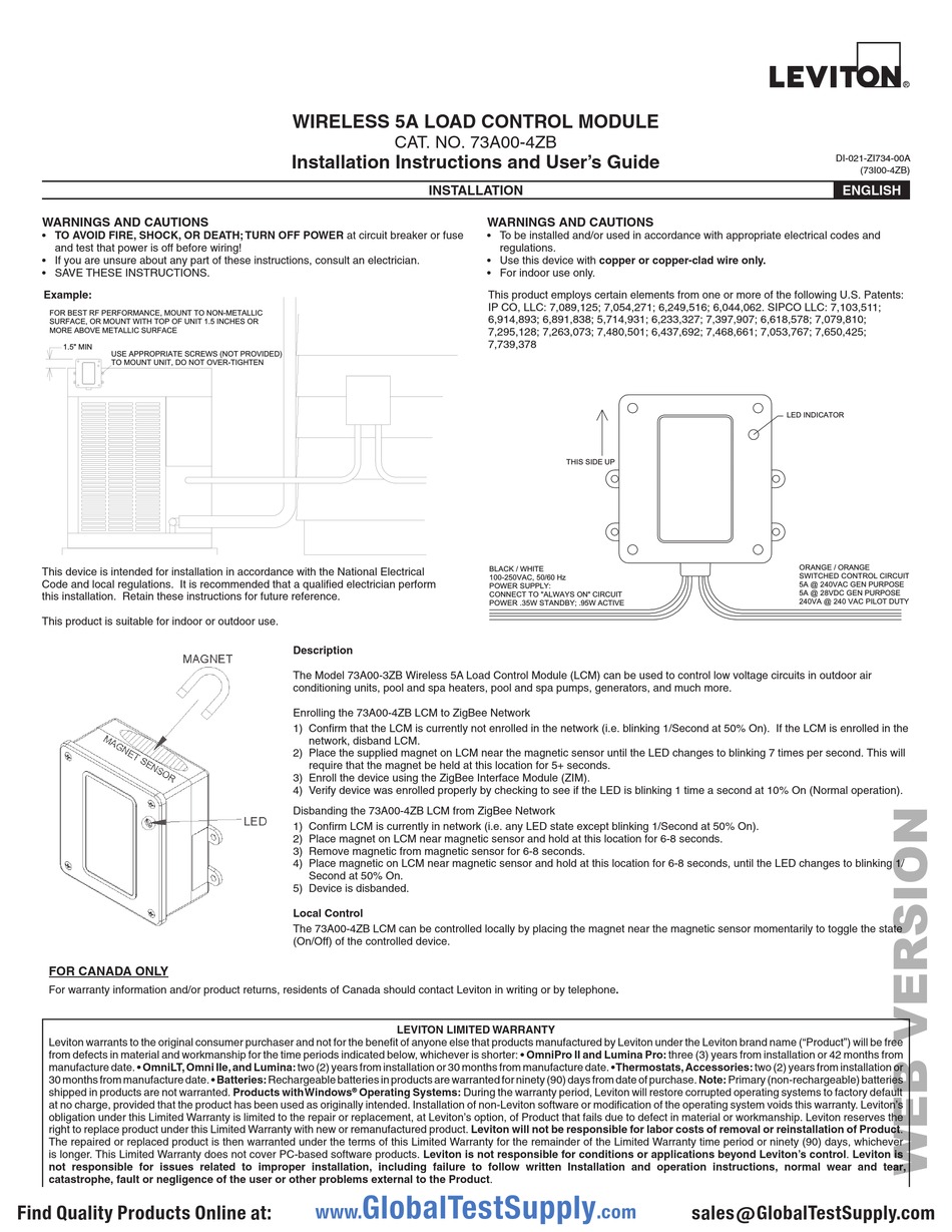 LEVITON 73A004ZB INSTALLATION INSTRUCTIONS AND USER MANUAL Pdf