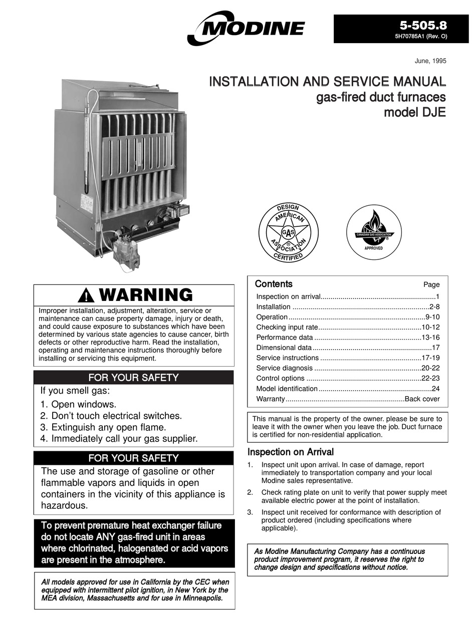 MODINE MANUFACTURING DJE INSTALLATION AND SERVICE MANUAL Pdf Download |  ManualsLib