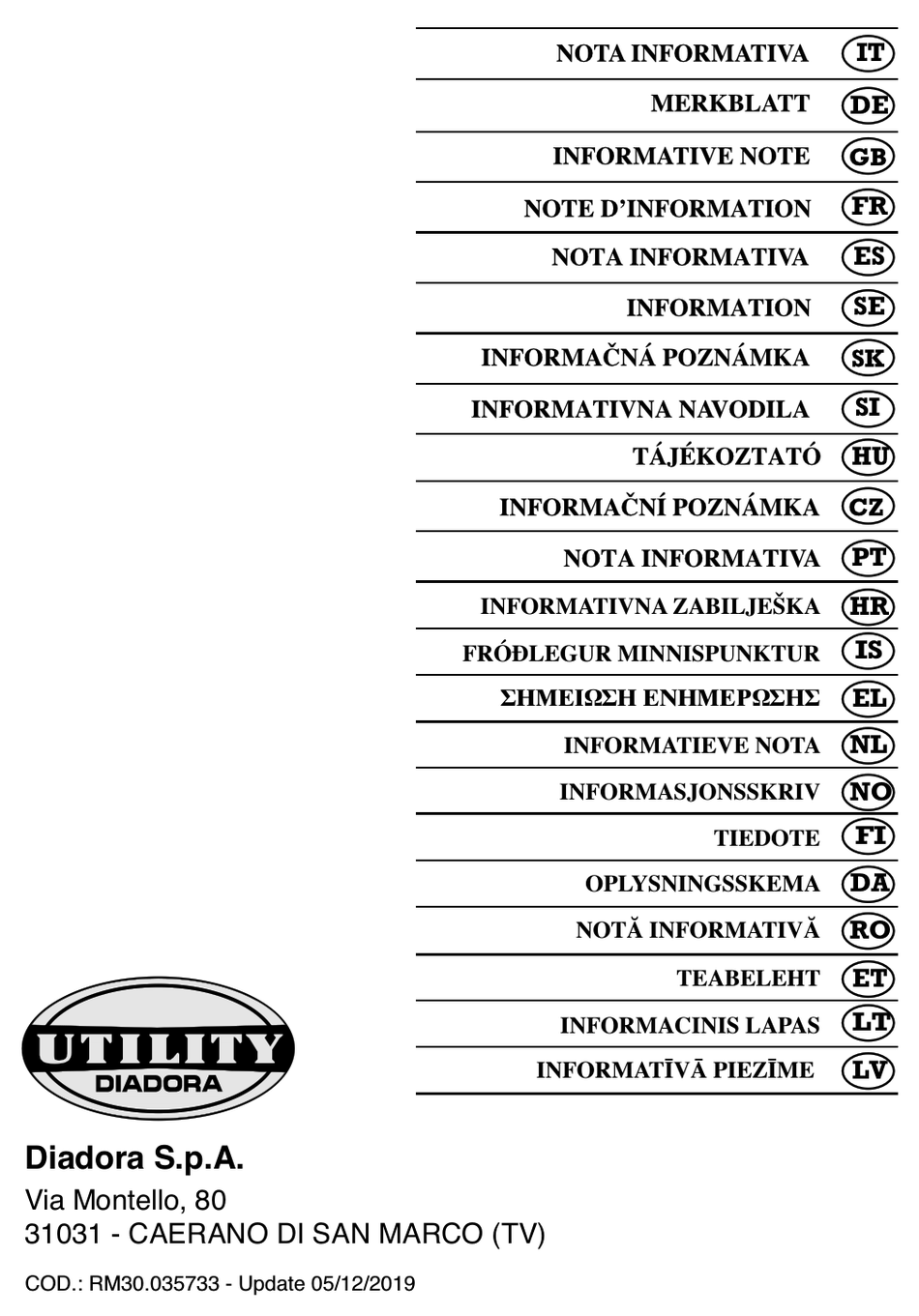 DIADORA UTILITY 702.176216 INFORMATION NOTE Pdf Download