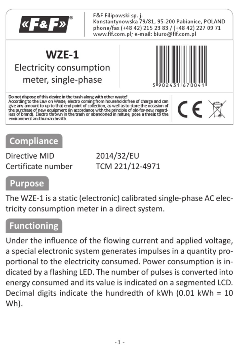 F&F WZE-1 Energie Verbrauchsanzeige Stromzähler 230V 45A kalibrierter Indikator 