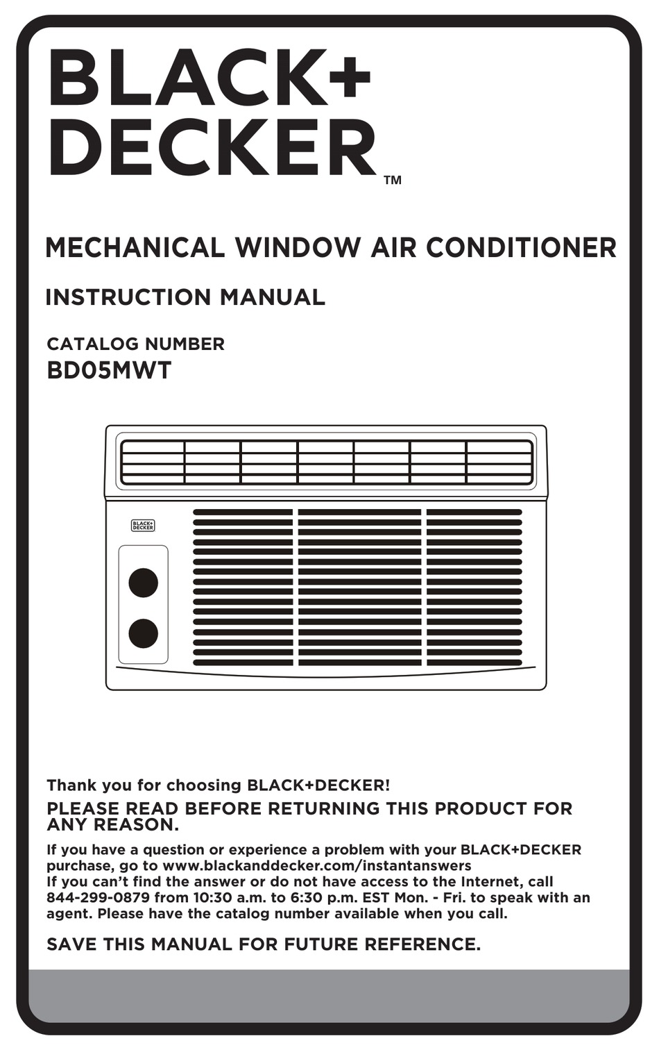 BLACK DECKER BPP05WTB Portable Air Conditioner Instruction Manual