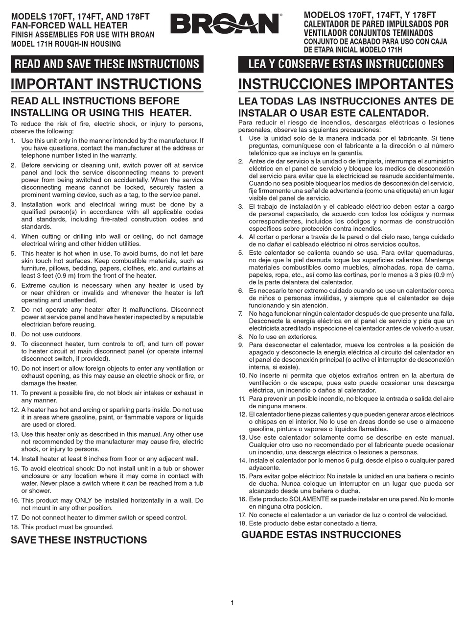 BROAN 170FT INSTRUCTIONS MANUAL Pdf Download ManualsLib