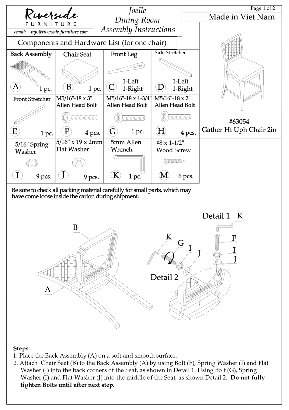 RIVERSIDE FURNITURE JOELLE 63054 ASSEMBLY INSTRUCTIONS Pdf Download