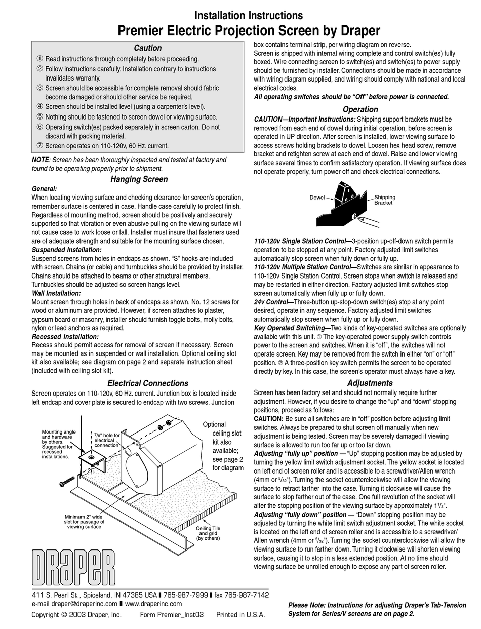 DRAPER PREMIER INSTALLATION INSTRUCTIONS Pdf Download ManualsLib