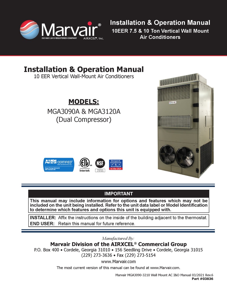 AIRXCEL MARVAIR MGA3090A INSTALLATION & OPERATION MANUAL Pdf Download