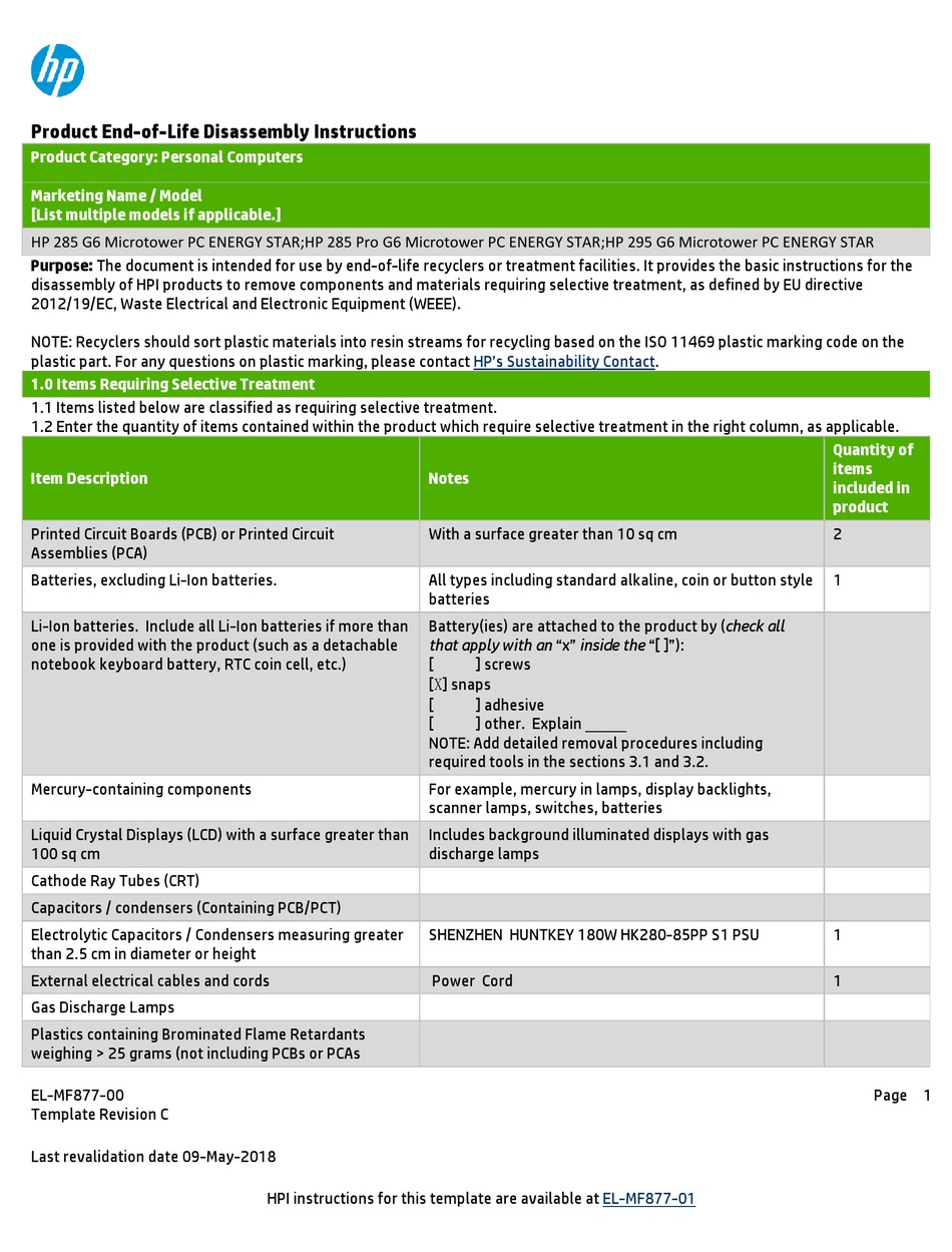 Hp 285 G6 Microtower Pc Energy Star Product End Of Life Disassembly Instructions Pdf Download Manualslib