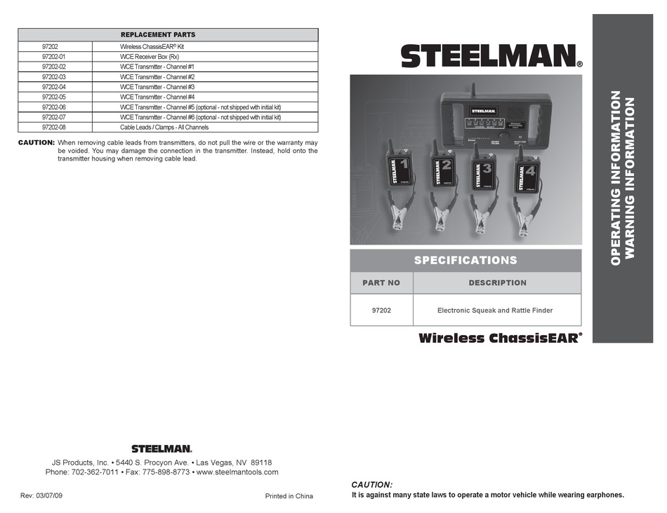 STEELMAN WIRELESS CHASSISEAR OPERATING INFORMATION, WARNING INFORMATION