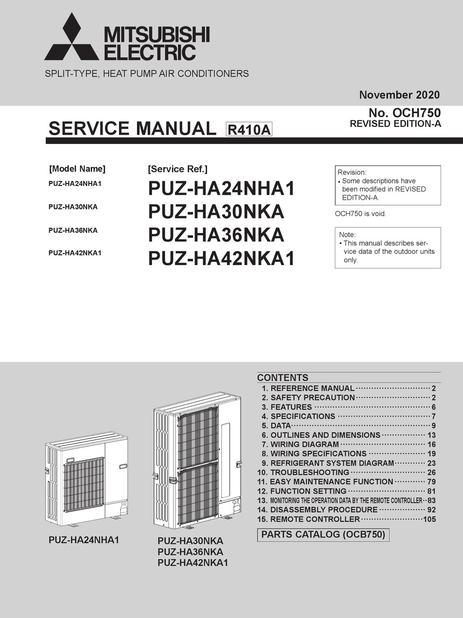 MITSUBISHI ELECTRIC PUZ-HA24NHA1 SERVICE MANUAL Pdf Download | ManualsLib