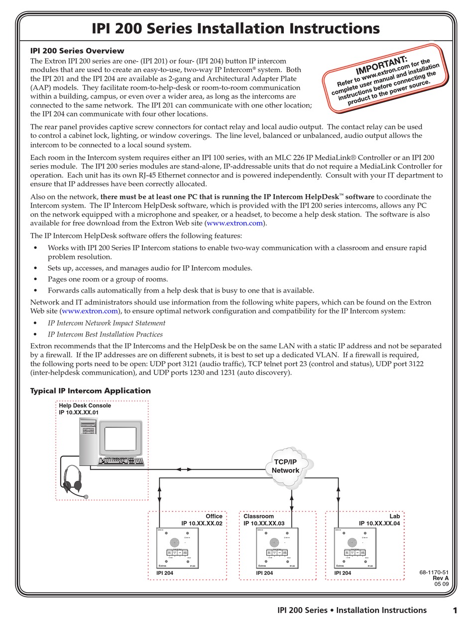 EXTRON ELECTRONICS IPI 200 SERIES INSTALLATION INSTRUCTIONS Pdf ...