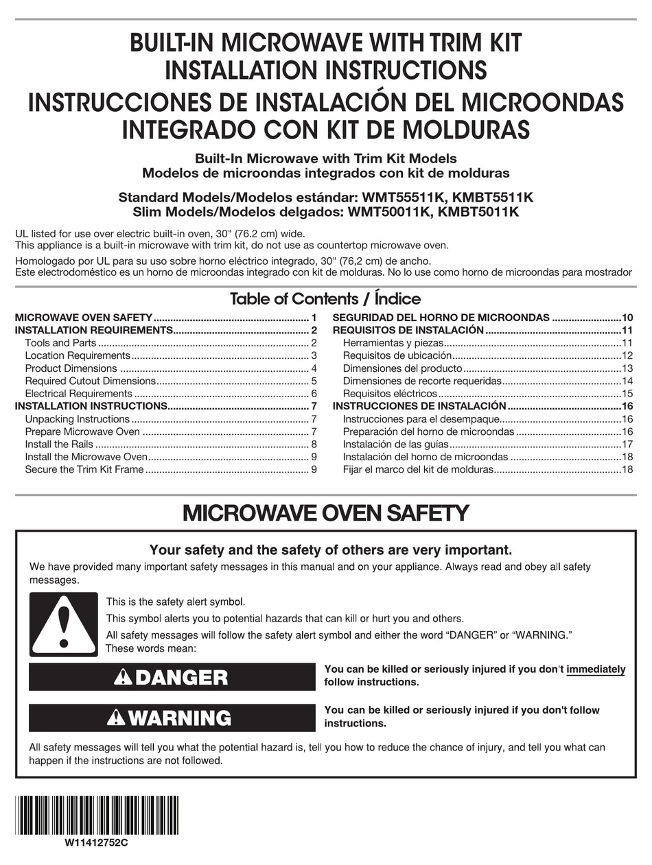 Instrucciones De Instalación; Instrucciones Para El Desempaque; Preparación  Del Horno De Microondas - Whirlpool WMT55511K Installation Instructions  Manual [Page 16] | ManualsLib