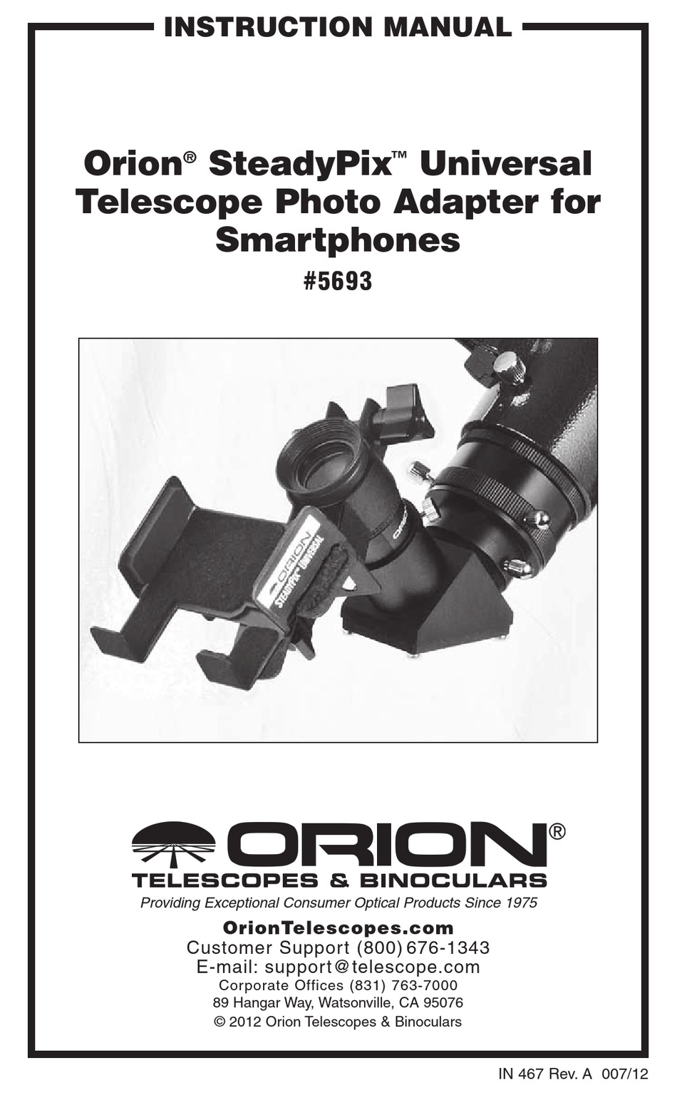 ORION TELESCOPES & BINOCULARS STEADYPIX 5693 INSTRUCTION MANUAL Pdf