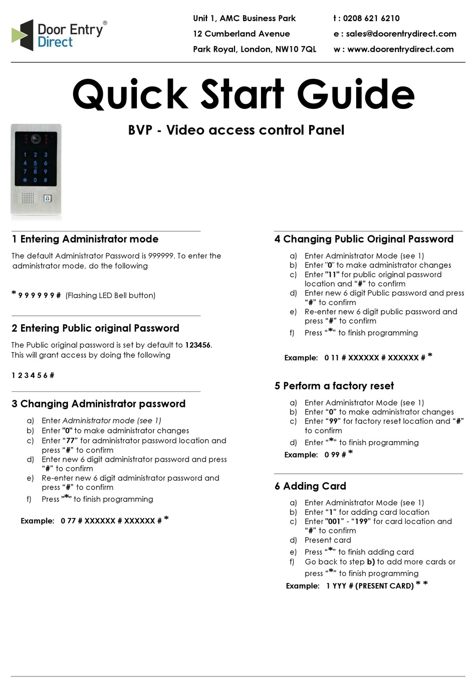 DOOR ENTRY DIRECT BVP QUICK START MANUAL Pdf Download ManualsLib