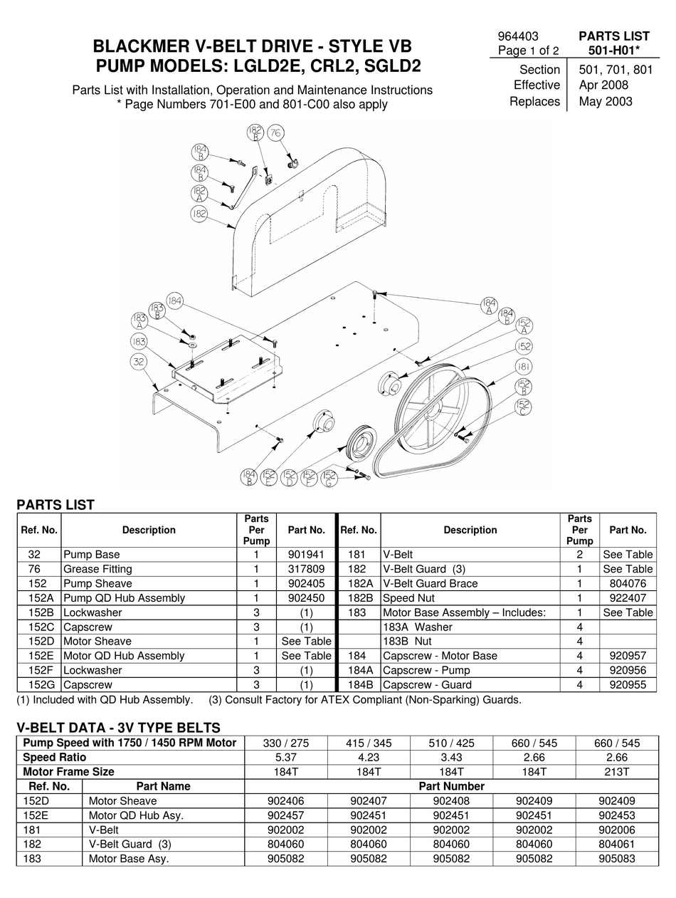 BLACKMER LGLD2E, CRL2, SGLD2 PARTS LIST WITH INSTALLATION, OPERATION AND MAINTENANCE