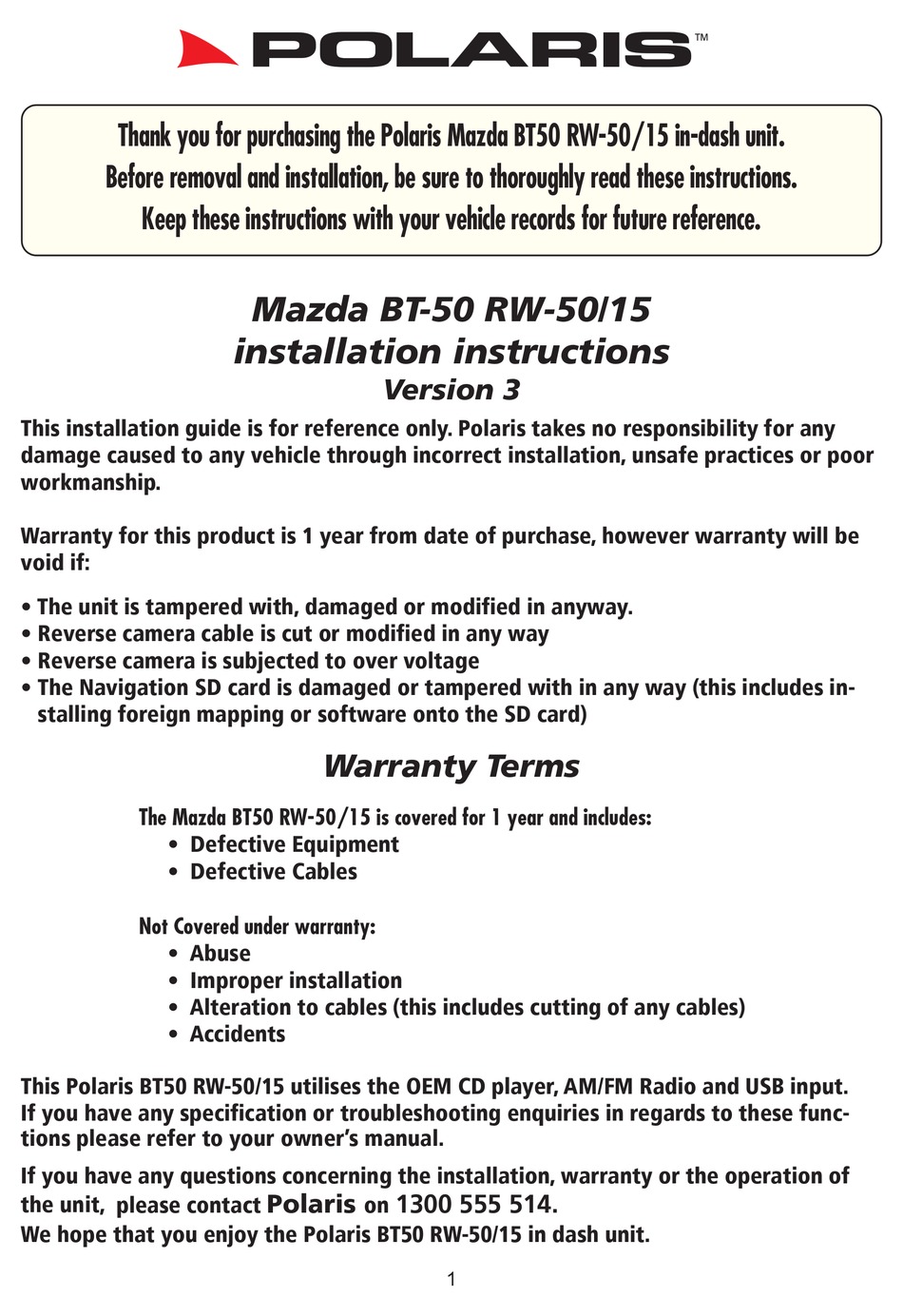 POLARIS MAZDA BT50 RW50/15 INSTALLATION INSTRUCTIONS MANUAL Pdf