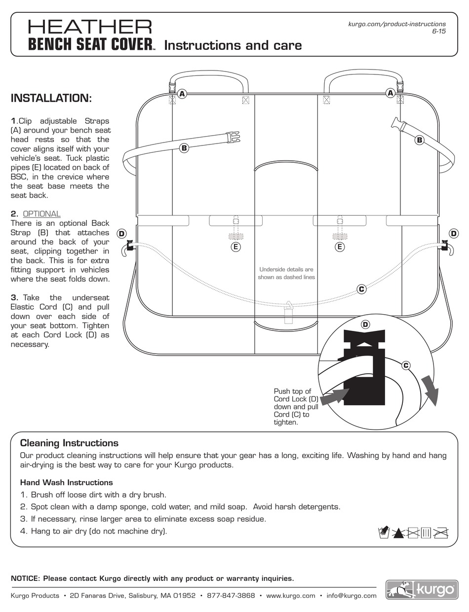 KURGO HEATHER BENCH SEAT COVER INSTRUCTIONS AND CARE Pdf Download