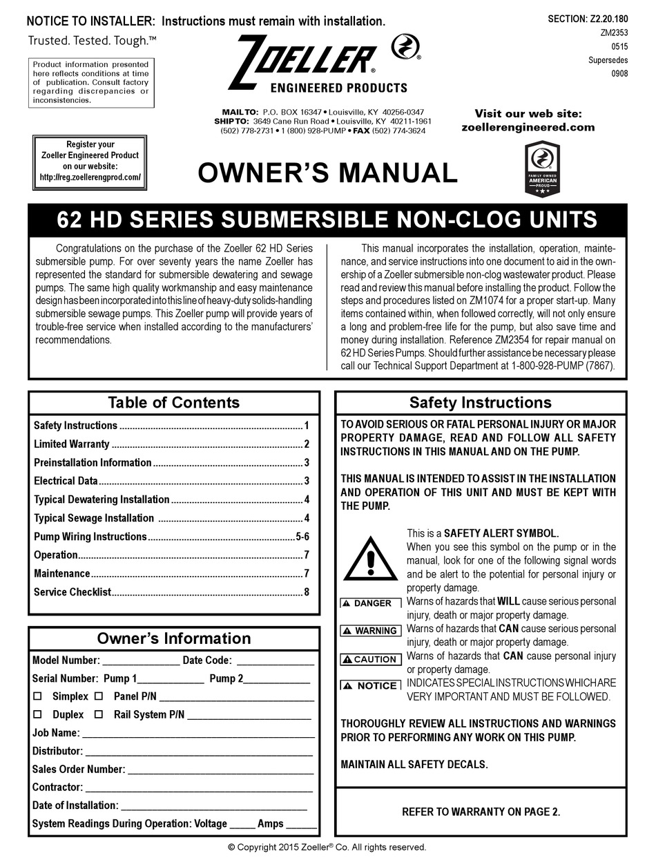 ZOELLER 62 HD SERIES OWNER'S MANUAL Pdf Download | ManualsLib