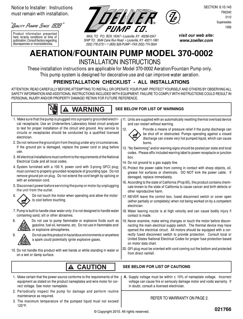 ZOELLER 370-0002 INSTALLATION INSTRUCTIONS Pdf Download | ManualsLib