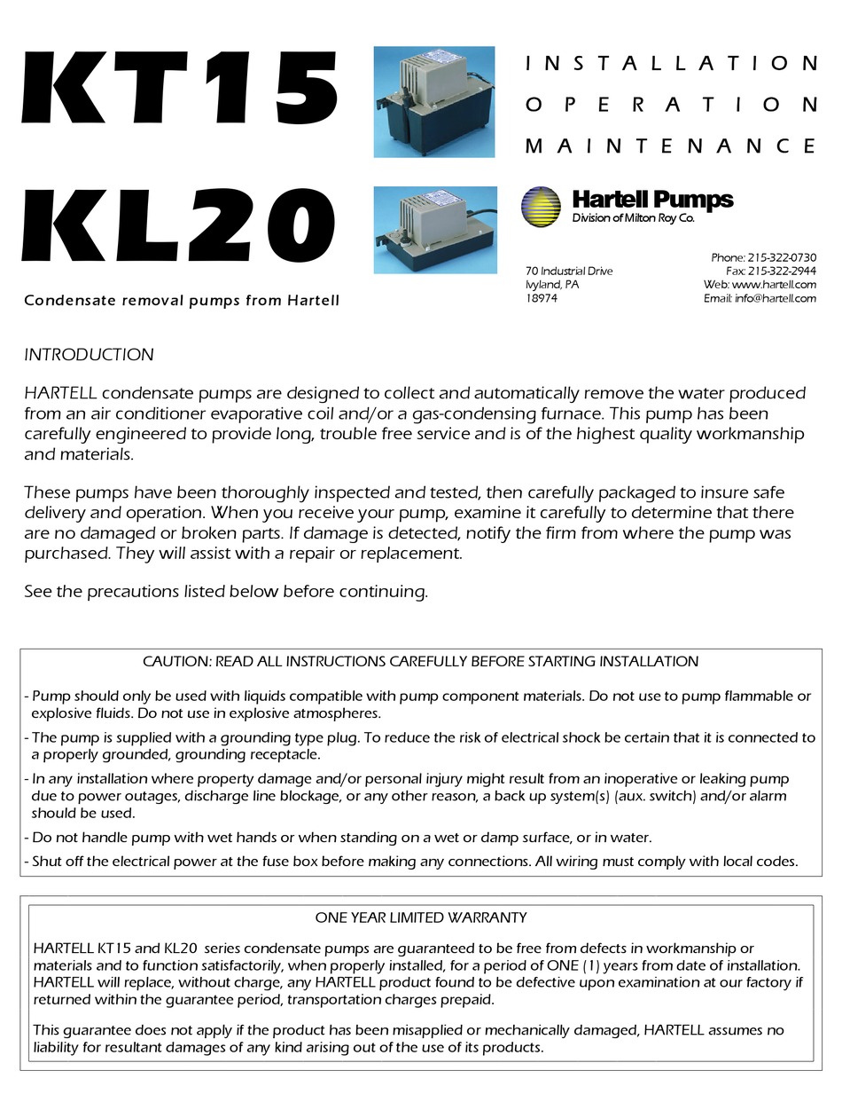 HARTELL PUMPS KT15 INSTALLATION OPERATION & MAINTENANCE Pdf Download