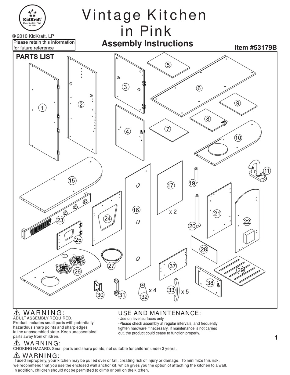 KIDKRAFT VINTAGE KITCHEN IN PINK 53179B ASSEMBLY INSTRUCTIONS MANUAL