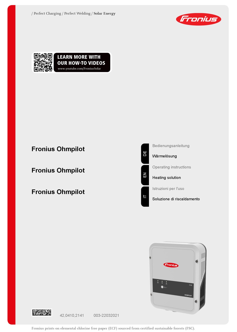 FRONIUS OHMPILOT OPERATING INSTRUCTIONS MANUAL Pdf Download ManualsLib