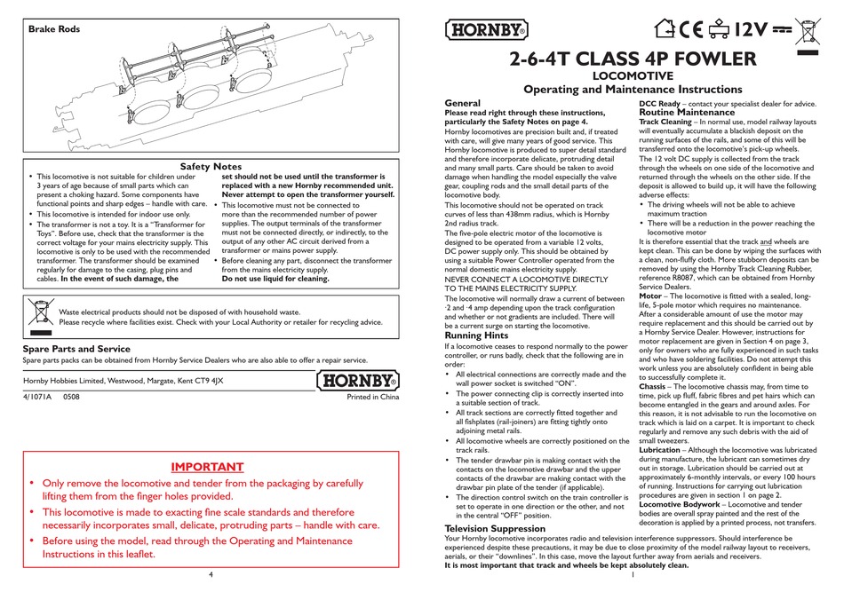 HORNBY 264T CLASS 4P FOWLER OPERATING AND MAINTENANCE INSTRUCTIONS