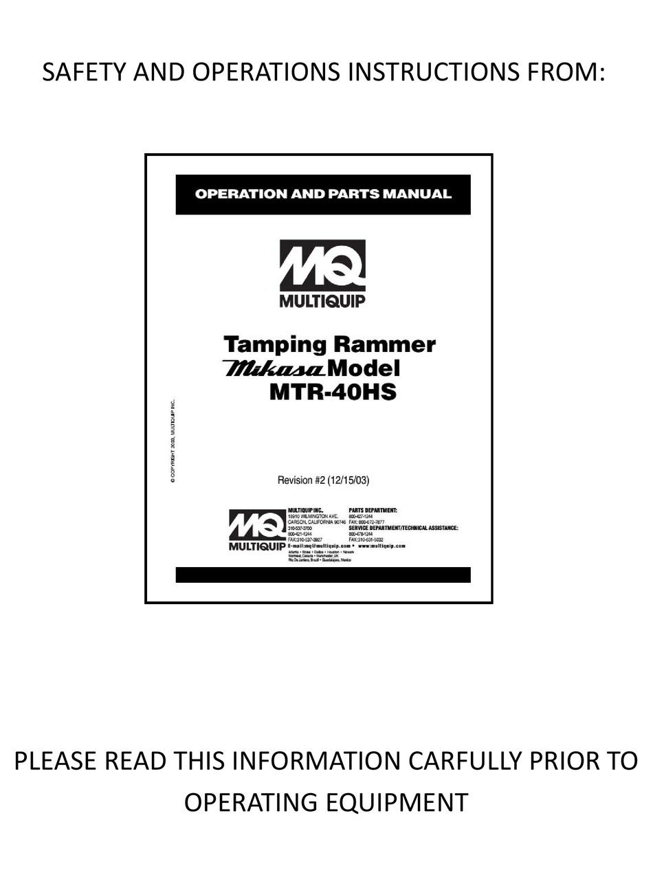 MQ MULTIQUIP MIKASA MTR40HS SAFETY AND OPERATION INSTRUCTIONS Pdf