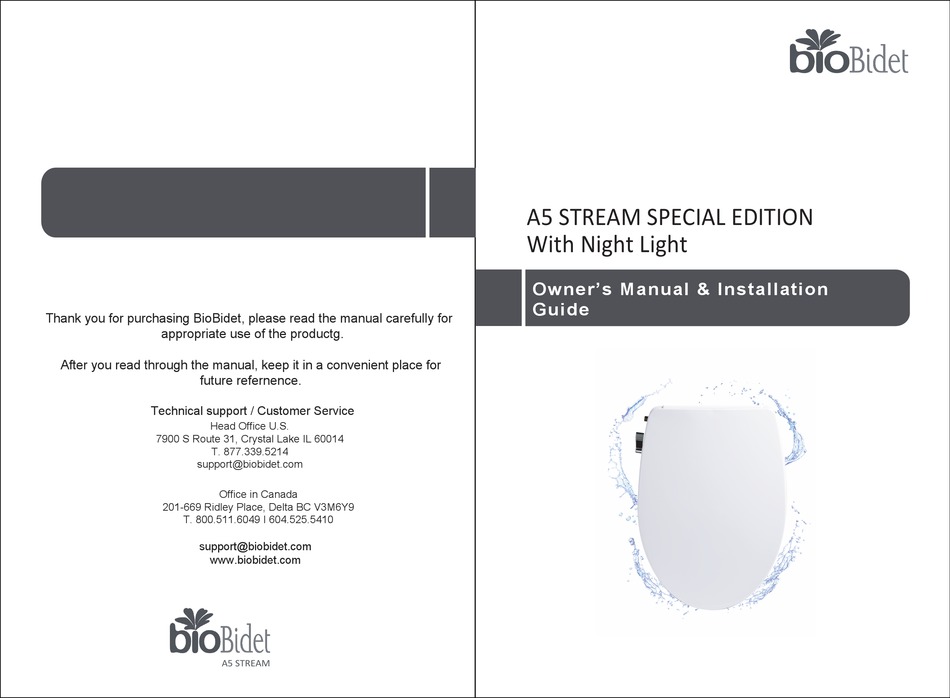 BIOBIDET STREAM SPECIAL EDITION A5 OWNER'S MANUAL & INSTALLATION MANUAL