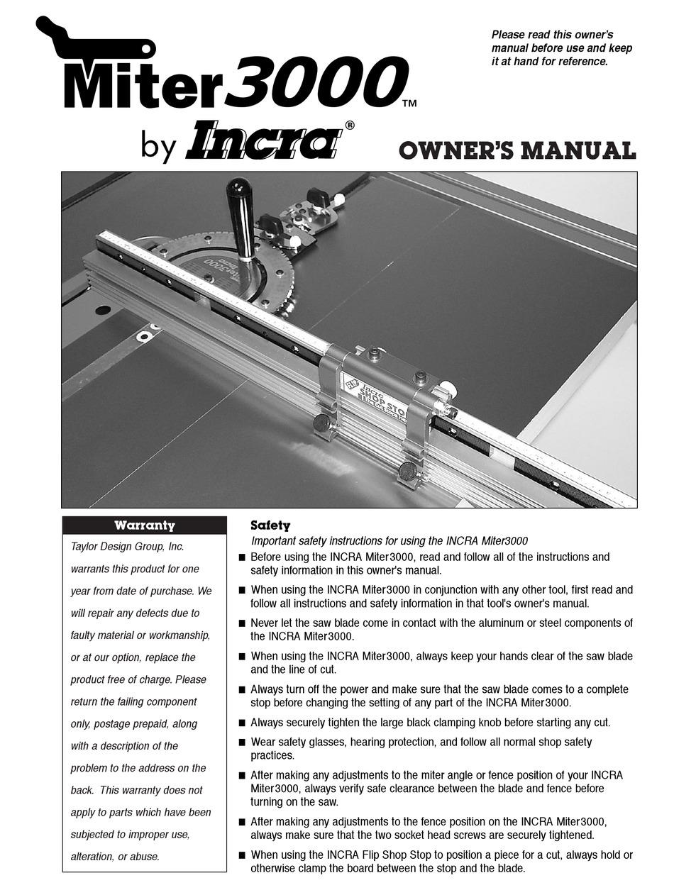 INCRA MITER 3000 OWNER'S MANUAL Pdf Download ManualsLib