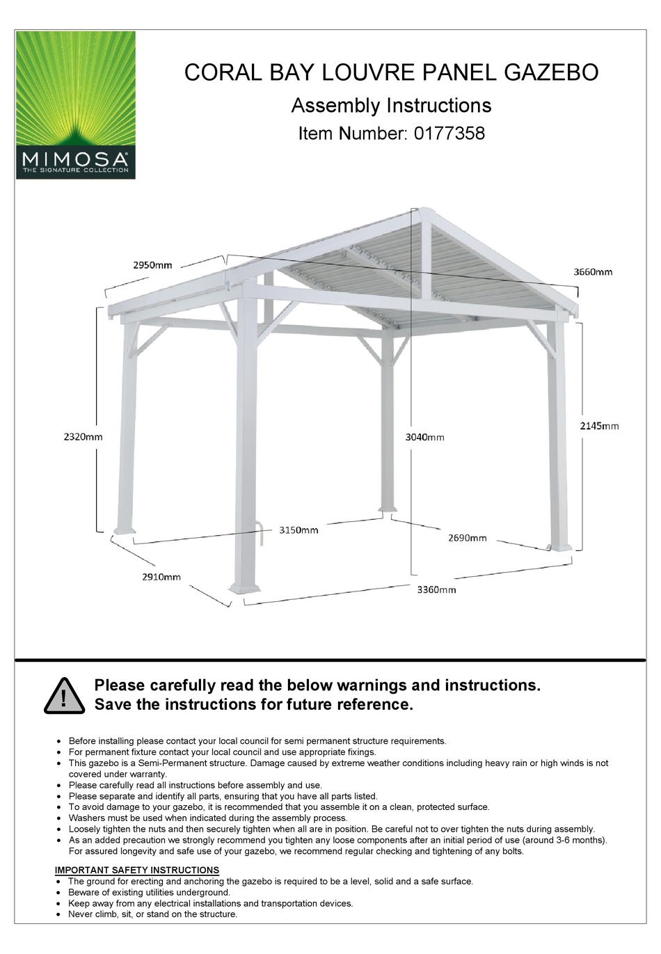 MIMOSA CORAL BAY LOUVRE PANEL GAZEBO ASSEMBLY INSTRUCTIONS MANUAL Pdf