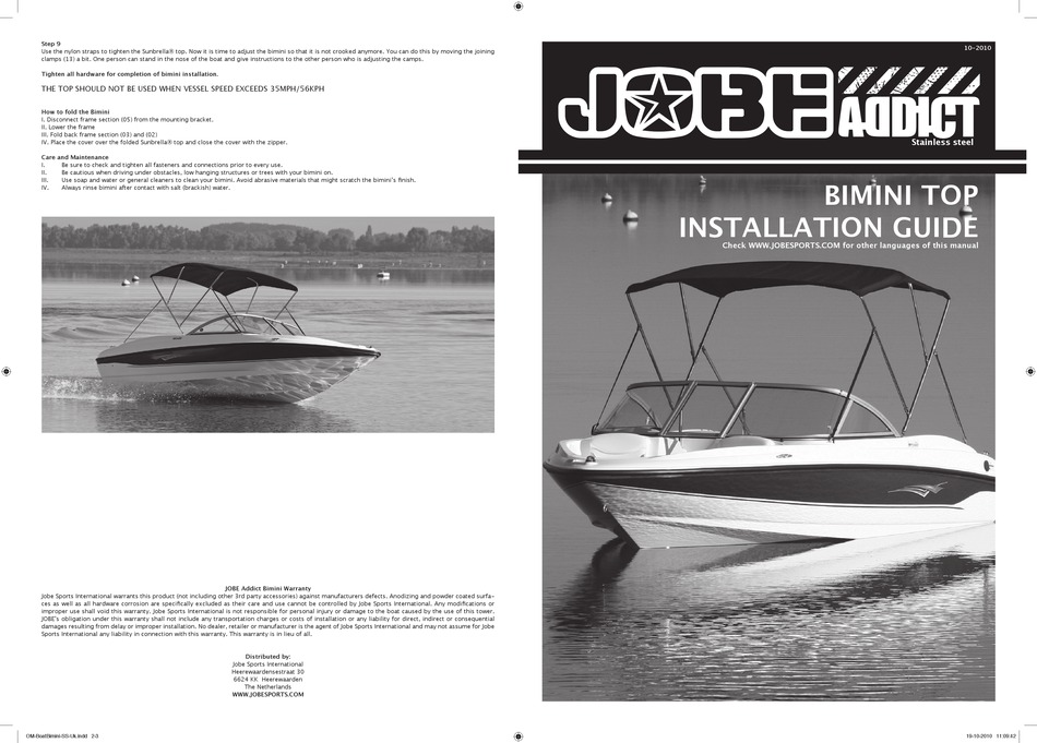 JOBE SPORTS ADDICT BIMINI TOP INSTALLATION MANUAL Pdf Download ManualsLib